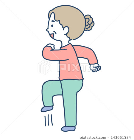 An illustration of a senior woman energetically doing stepping exercises and gymnastics. 143661584