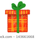 A cute hand-drawn crayon-style Christmas gift box with a green ribbon and red checkered pattern. 143661668