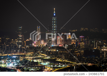 Taipei city skyline aerial view at night with Taipei 101 and illuminated skyscrapers in Taiwan Taipei city skyline aerial view at night with Taipei 101 and illuminated skyscrapers in Taiwan 143661701