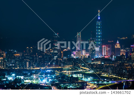 Taipei city skyline aerial view at night with Taipei 101 and illuminated skyscrapers in Taiwan 143661702