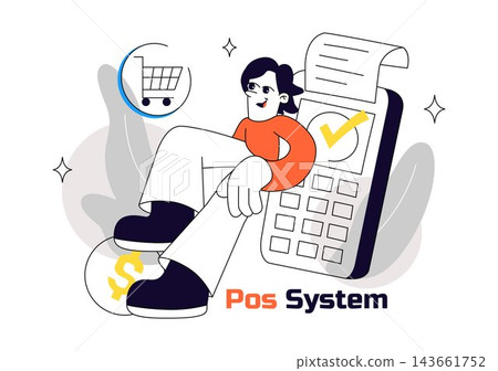 POS System Illustration Featuring Digital Cash Register, Online Shopping Cart, Payment Processing, Sales Management, and Retail Business Technology 143661752