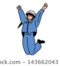 A flat vector illustration of a female worker energetically jumping with both arms raised. 143662043
