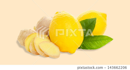 Fresh ginger root and juicy lemons placed together Fresh ginger root and juicy lemons placed together 143662206