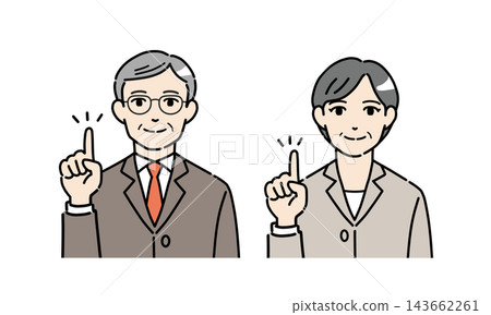 An illustration of a senior man and woman in suits pointing with their fingers to explain a point. An illustration of a senior man and woman in suits pointing with their fingers to explain a point. 143662261