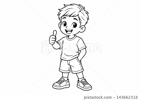 Happy Boy Giving Thumbs Up Vector Line Art Illustration 143662318