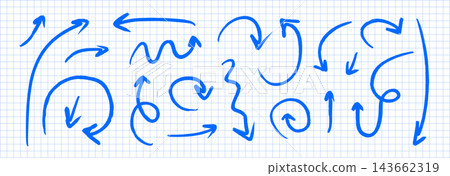 Blue pen hand drawn arrow elements collection. Crayon doodled pointer shapes set. Sketch brush stroke direction lines bundle. Curved and wavy scribble cursor pack for scrapbook, notebook. Vector Blue pen hand drawn arrow elements collection. Crayon doodled pointer shapes set. Sketch brush stroke direction lines bundle. Curved and wavy scribble cursor pack for scrapbook, notebook. Vector 143662319