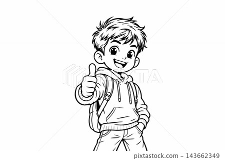 Happy Schoolboy in Hoodie with Backpack Giving Thumbs Up Line Art Happy Schoolboy in Hoodie with Backpack Giving Thumbs Up Line Art 143662349