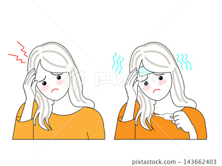 一名婦女頭痛發燒。 一名婦女頭痛發燒。 143662403