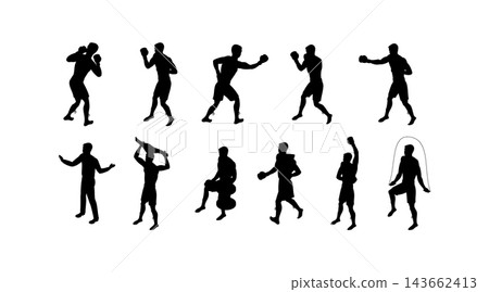 boxer silhouettes in vector design for sports, fitness, and athletic themes, showcasing various boxing stances 143662413