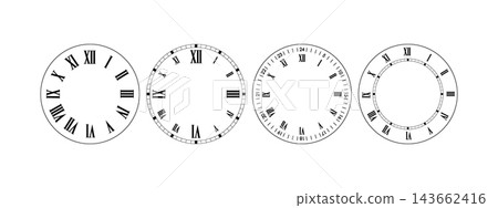 Clock face illustration. Mechanical clocks template set. Watches with roman numerals and arrows Clock face illustration. Mechanical clocks template set. Watches with roman numerals and arrows 143662416