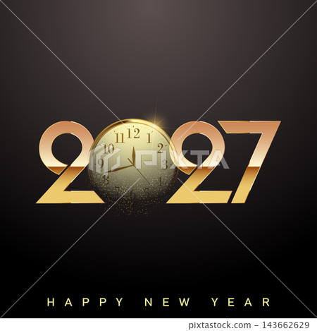 2027 Happy New Year with Vintage Clock and Gold Dust Dissolving on Dark Background, Vector 2027 Happy New Year with Vintage Clock and Gold Dust Dissolving on Dark Background, Vector 143662629