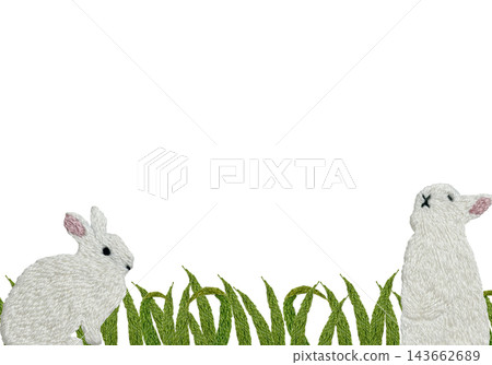[Rabbit and Grassland Horizontal Frame] Hand Embroidery Illustration Material 143662689