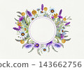 Wedding round frame of wild flowers. Watercolor. Flower arrangement. Greeting card template design. Invitation background. 143662756