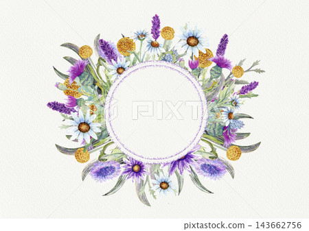 Wedding round frame of wild flowers. Watercolor. Flower arrangement. Greeting card template design. Invitation background. Wedding round frame of wild flowers. Watercolor. Flower arrangement. Greeting card template design. Invitation background. 143662756
