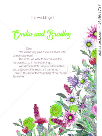 Wedding vertical frame of wild flowers. Watercolor. Flower arrangement. Greeting card template design. Invitation background. Vertical orientation Wedding vertical frame of wild flowers. Watercolor. Flower arrangement. Greeting card template design. Invitation background. Vertical orientation 143662757