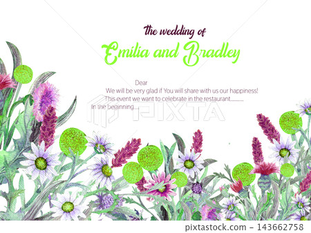 Wedding frame of wild flowers. Watercolor. Flower arrangement. Greeting card template design. Invitation background. Horizontal orientation Wedding frame of wild flowers. Watercolor. Flower arrangement. Greeting card template design. Invitation background. Horizontal orientation 143662758