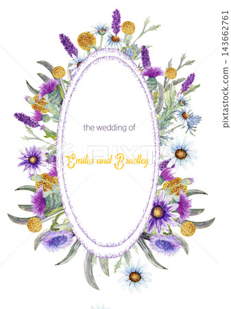 Wedding vertical frame of wild flowers. Watercolor. Flower arrangement. Greeting card template design. Invitation background. Vertical orientation 143662761