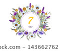Wedding round frame of wild flowers. Watercolor. Flower arrangement. Greeting card template design. Invitation background. 143662762