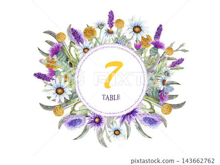 Wedding round frame of wild flowers. Watercolor. Flower arrangement. Greeting card template design. Invitation background. Wedding round frame of wild flowers. Watercolor. Flower arrangement. Greeting card template design. Invitation background. 143662762