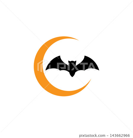 Orange crescent moon silhouette with black bat Orange crescent moon silhouette with black bat 143662966