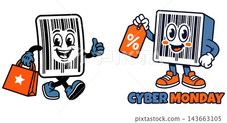 Two cute cartoon barcode characters carrying shopping bags to promote big sales during the annual cyber monday event Two cute cartoon barcode characters carrying shopping bags to promote big sales during the annual cyber monday event 143663105