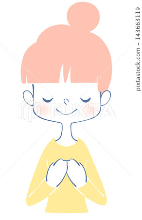 一幅插圖，描繪了一位微笑的女子，一隻手放在胸前。 143663119