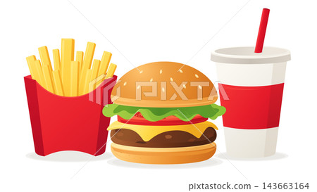 A set of illustrations of a hamburger, fries, and a drink. A set of illustrations of a hamburger, fries, and a drink. 143663164