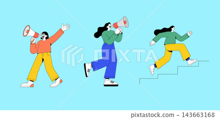 Illustration of a female character promoting a loudspeaker and climbing stairs 143663168