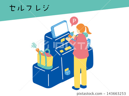 一位女士正在自助結帳櫃檯購物。 一位女士正在自助結帳櫃檯購物。 143663253