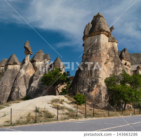 Fairy chimneys and unique rock formations in Pasabag Valley also known as Monks Valley in Cappadocia, Turkey Fairy chimneys and unique rock formations in Pasabag Valley also known as Monks Valley in Cappadocia, Turkey 143663286