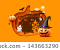 Happy Halloween, Paper cut out design elements, Greeting card poster yellow orange and brown background, 143663290