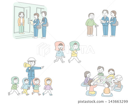 A set of illustrations depicting local disaster prevention activities, disaster drills, and checking on the safety of the elderly. A set of illustrations depicting local disaster prevention activities, disaster drills, and checking on the safety of the elderly. 143663299