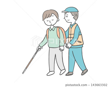 Illustration of support staff guiding visually impaired people to safety during an evacuation. Illustration of support staff guiding visually impaired people to safety during an evacuation. 143663302