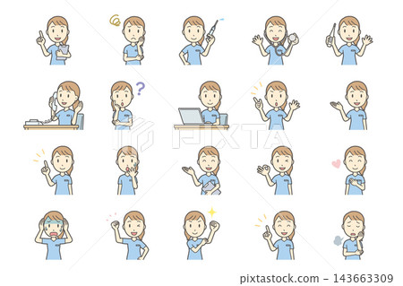 A set of 20 facial expressions of a female nurse in scrubs (upper body, suitable for icons). A set of 20 facial expressions of a female nurse in scrubs (upper body, suitable for icons). 143663309