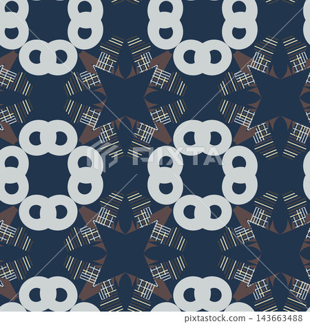 Decorative repeating artwork on deep navy background with mirrored cream loops, striped star shapes, lattice accents and brown arrow forms, suitable for fabric, wallpaper, decor and print. Decorative repeating artwork on deep navy background with mirrored cream loops, striped star shapes, lattice accents and brown arrow forms, suitable for fabric, wallpaper, decor and print. 143663488