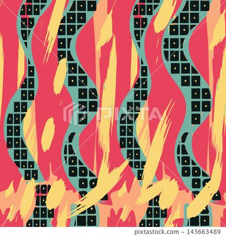 Bold seamless abstract pattern with curved teal bands, black windowlike blocks, coral background, and yellow brushstroke accents, creating lively modern textile or wallpaper design. Bold seamless abstract pattern with curved teal bands, black windowlike blocks, coral background, and yellow brushstroke accents, creating lively modern textile or wallpaper design. 143663489