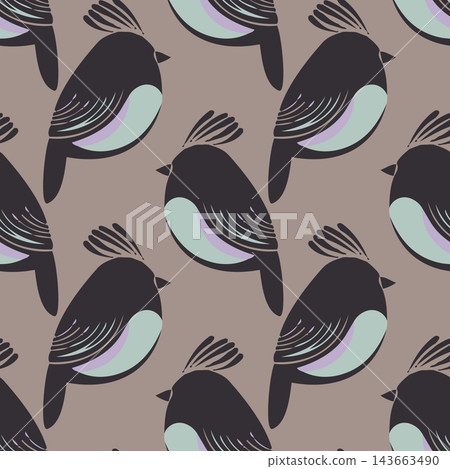 Seamless pattern of stylized birds in dark charcoal with soft mint and lavender accents, arranged on taupe background with repeating diagonal rhythm for fabric, wallpaper, wrapping paper, and surface 143663490