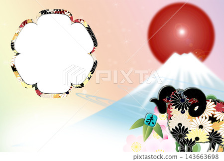Photo frame New Year's card material: Mt. Fuji and the first sunrise of the year - New Year's postcard template for the Year of the Sheep Photo frame New Year's card material: Mt. Fuji and the first sunrise of the year - New Year's postcard template for the Year of the Sheep 143663698