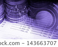 Business man on digital stock market financial indicator background. Digital business and stock market financial indicator on LED. Double exposure of business man and digital stock market financial. 143663707