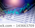Business man on digital stock market financial indicator background. Digital business and stock market financial indicator on LED. Double exposure of business man and digital stock market financial. 143663709