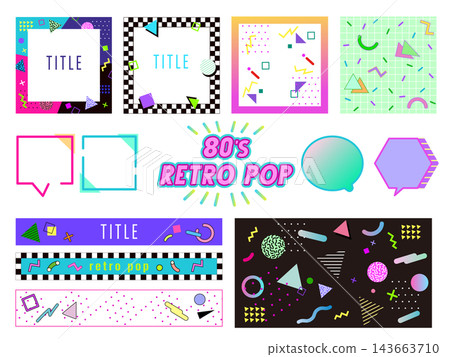 80s Retro Pop Frame Set: Memphis-designed speech bubbles, titles, and background materials. 143663710