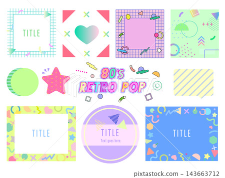 80s Retro Pop Frame Set: Memphis-designed speech bubbles, titles, and background materials. 143663712