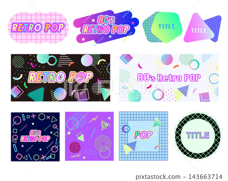 80s Retro Pop Frame Set: Memphis-designed speech bubbles, titles, and background materials. 143663714