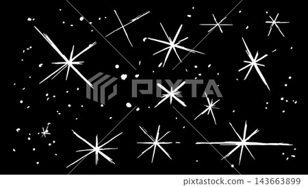 Hand drawn white starbursts and small sparkles scattered across a black background creating a simple celestial decorative pattern with varied shapes and sizes. Hand drawn white starbursts and small sparkles scattered across a black background creating a simple celestial decorative pattern with varied shapes and sizes. 143663899