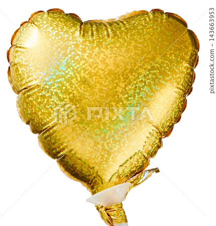 Gold hologram heart-shaped foil balloon with rainbow dot pattern on a white background. Gold hologram heart-shaped foil balloon with rainbow dot pattern on a white background. 143663953