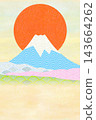 A background featuring a traditional Japanese pattern of Mount Fuji and the first sunrise of the year; vertical orientation, arranged in the upper section. 143664262