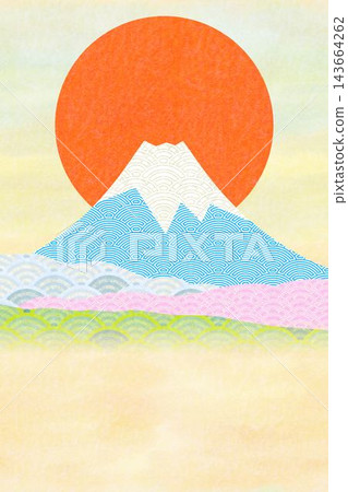 A background featuring a traditional Japanese pattern of Mount Fuji and the first sunrise of the year; vertical orientation, arranged in the upper section. A background featuring a traditional Japanese pattern of Mount Fuji and the first sunrise of the year; vertical orientation, arranged in the upper section. 143664262