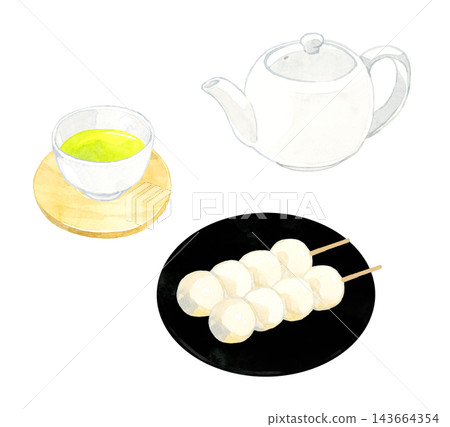 一套白色串燒米糰子(白團子)和綠茶-手繪水彩插圖素材 一套白色串燒米糰子(白團子)和綠茶-手繪水彩插圖素材 143664354