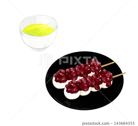 A set of skewered sweet bean paste dumplings (an-dango) and green tea - hand-drawn watercolor illustration material A set of skewered sweet bean paste dumplings (an-dango) and green tea - hand-drawn watercolor illustration material 143664355