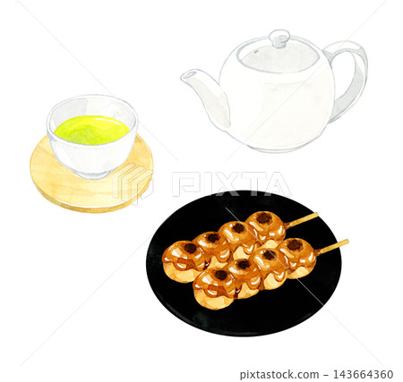 御手洗團子和綠茶套裝 - 手繪水彩插畫素材 143664360
